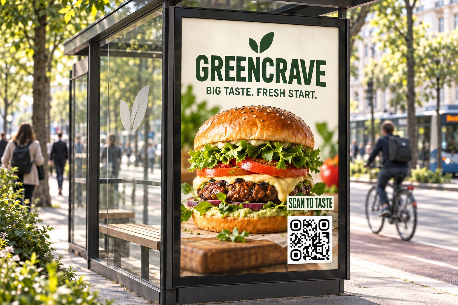A Greencrave burger bus-shelter ad reading “Scan to Taste”, using a plain black-and-white QR code linked to the StoryCodes Experience Platform.