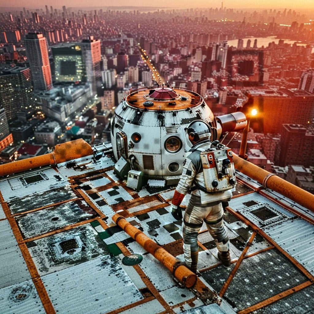 The same rooftop StoryCode scene, but encoding a long destination URL directly. The extra data forces a dense grid of blocky, noisy squares across the rooftop, visibly disrupting the creative.
