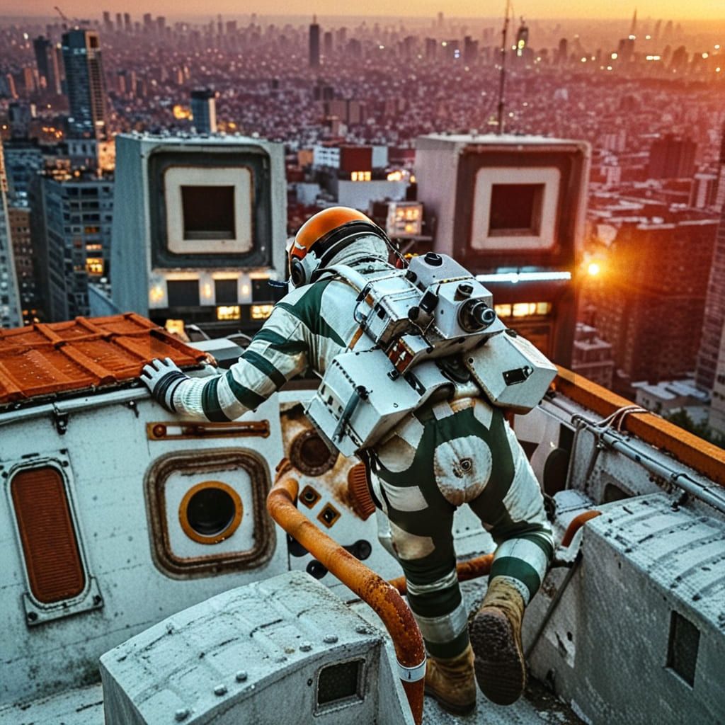 An astronaut climbs onto a city rooftop at dusk in a StoryCode encoding a short Experience Platform URL. The encoded structure stays light, so the artwork reads clean and scans reliably.