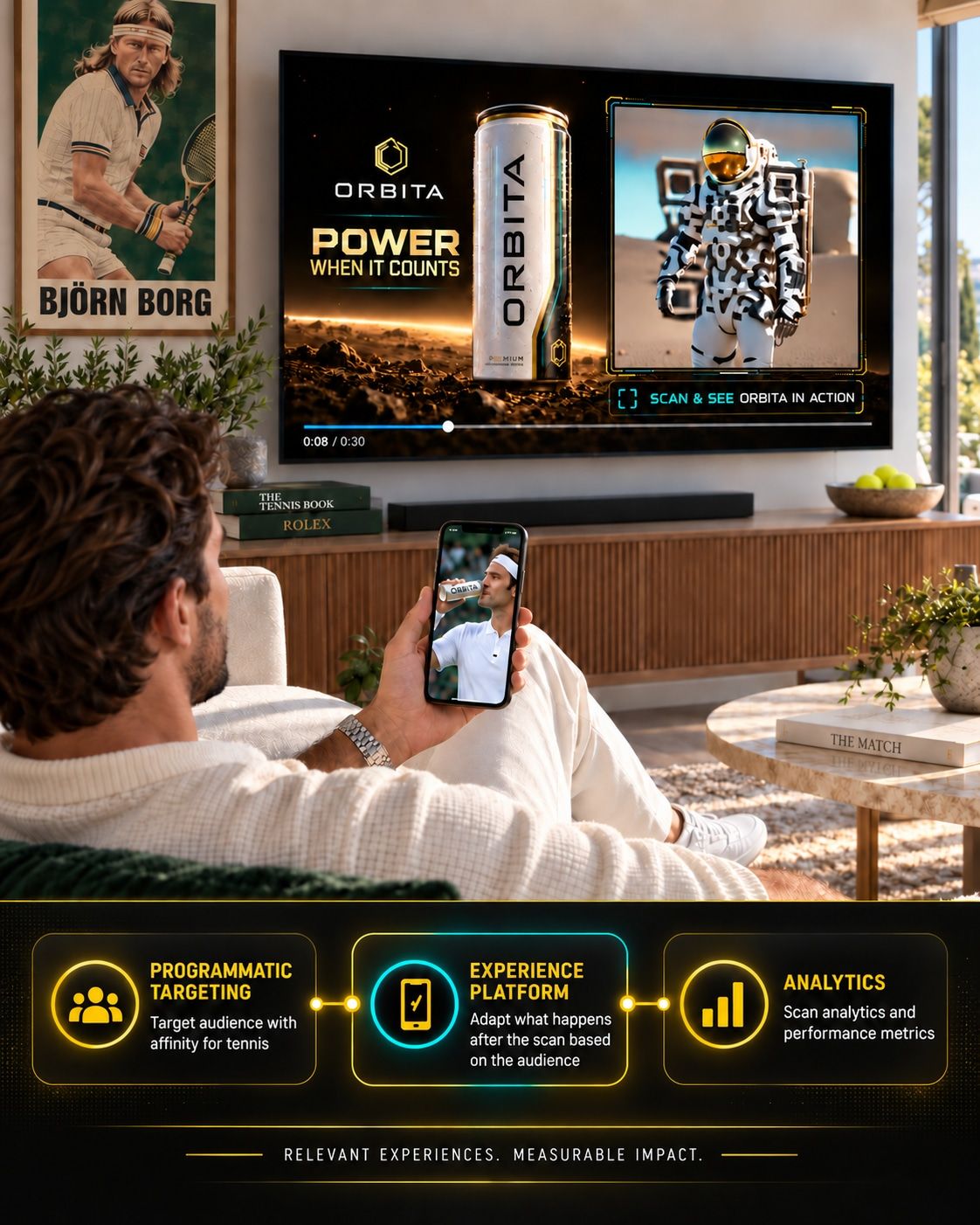 Man watching a paused Orbita energy-drink ad on a connected TV and scanning it with his phone, which opens a tennis film. Below, a three-step diagram links programmatic targeting of a tennis-affinity audience, the Experience Platform adapting what happens after the scan, and analytics reporting scan performance.