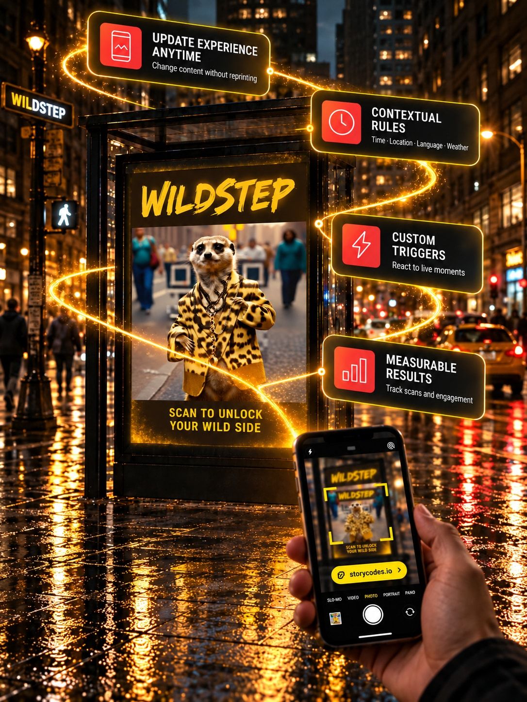 Wildstep bus-shelter ad on a rainy city street at night — a meerkat in a leopard-print jacket above the line “Scan to unlock your wild side”, a phone scanning it, and four callouts around it: update experience anytime, contextual rules for time, location, language and weather, custom triggers, and measurable results.