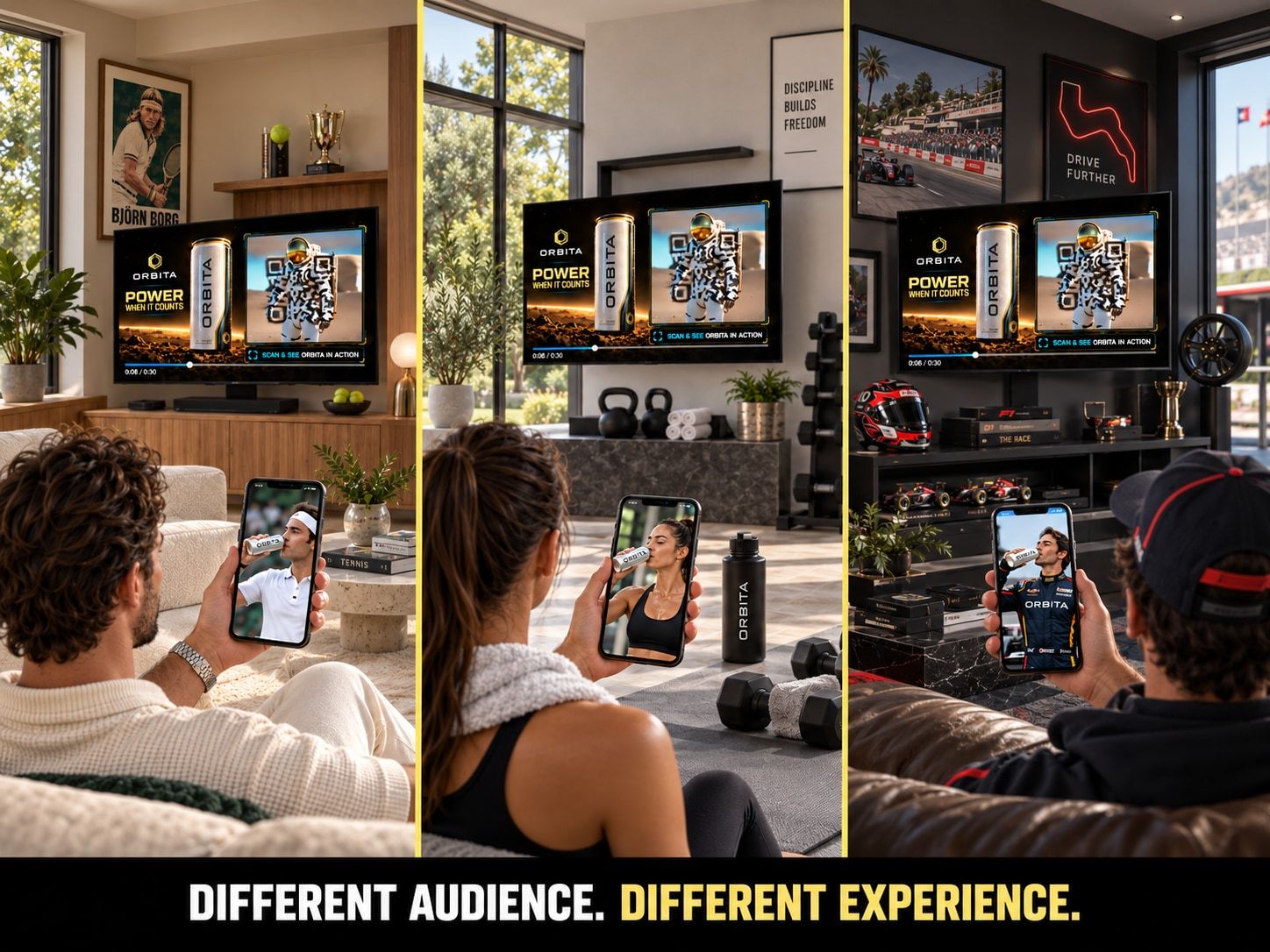 Three side-by-side different living-room scenes: the same Orbita energy-drink Pause Ad plays on each TV. When your campaign targeting changes from one audience to another over time, viewers that scan the StoryCode will see a different follow-up film on their phone.