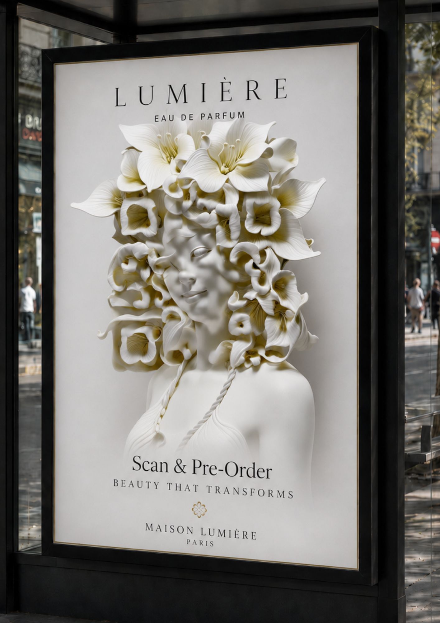 Bus-shelter poster on a Paris street for Lumière Eau de Parfum, where a woman sculpted from white and gold flowers forms a fully scannable StoryCode above the line “Scan & Pre-Order”.