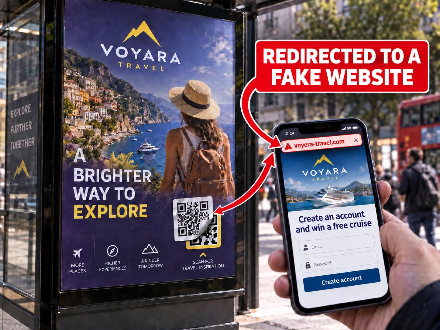 A Voyara Travel bus-shelter ad with its QR code sticker peeled back, labelled “Redirected to a fake website”: a hand holds a phone showing the fraudulent voyera-travel.com page asking for an email and password to “win a free cruise” — a quishing attack on a standard QR code.