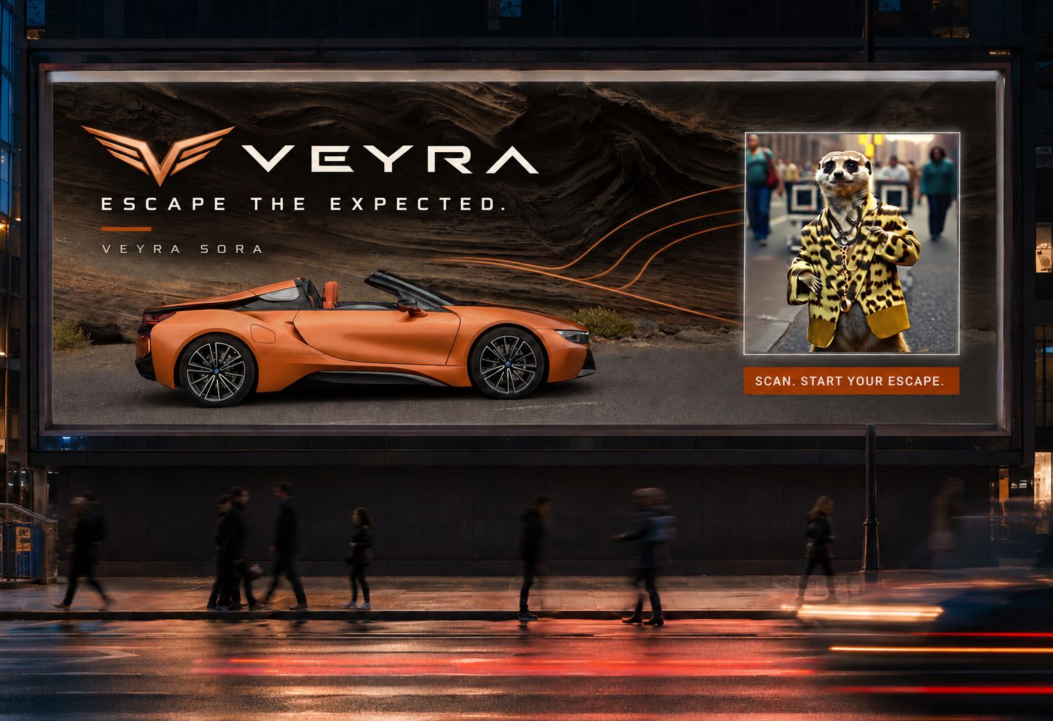 A Veyra electric-car billboard reading “Escape the Expected”, with a dapper meerkat in a leopard-print jacket added as a distinct scannable StoryCode layer beside the car.