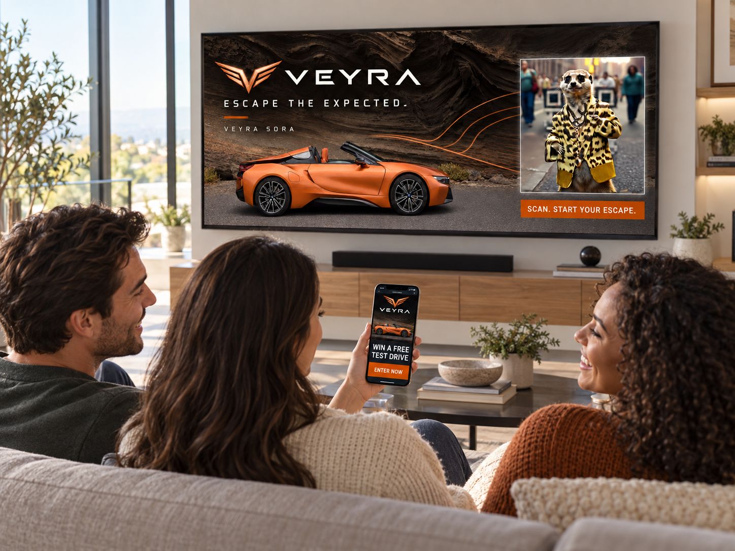 Veyra electric-car Pause Ad paused on a living-room TV, with a dapper meerkat in a leopard-print jacket added as a distinct scannable StoryCode. A viewer holds a phone showing a “Win a Free Test Drive” entry screen that opened after scanning.