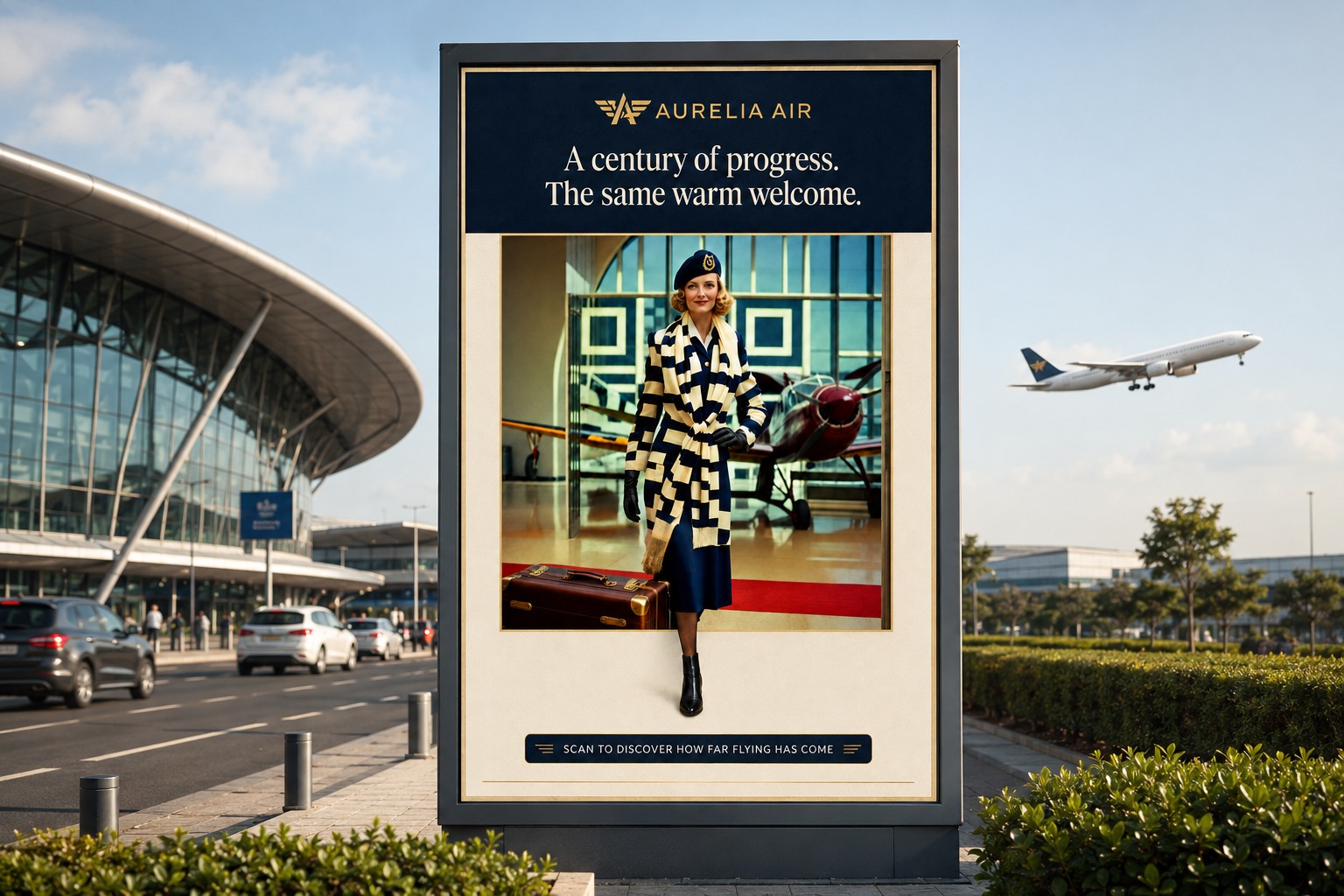 A tall outdoor billboard outside an airport terminal, a plane climbing overhead, showing the Aurelia Air campaign; the same flight-attendant image works as a scannable StoryCode for travellers walking past.