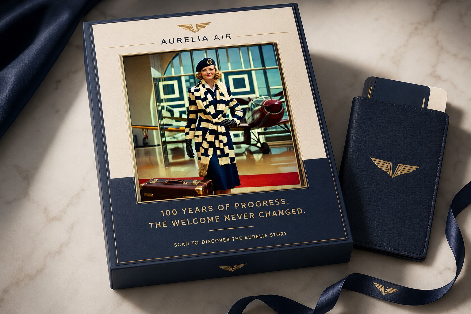A navy-and-gold Aurelia Air luxury welcome box on a marble surface beside a matching passport holder; the flight-attendant photograph on the lid doubles as a scannable StoryCode.