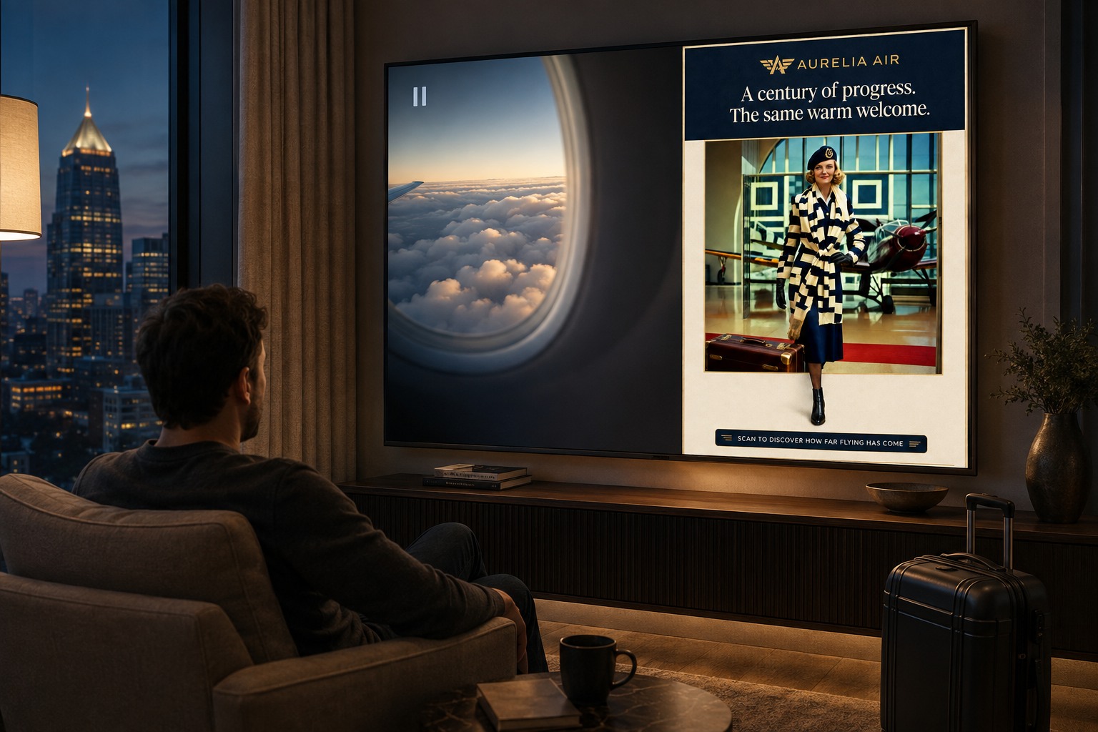 Paul watches a paused Aurelia Air commercial on a hotel-suite TV; the frozen ad frame of a vintage-uniformed flight attendant in an airport hangar is itself a scannable StoryCode.