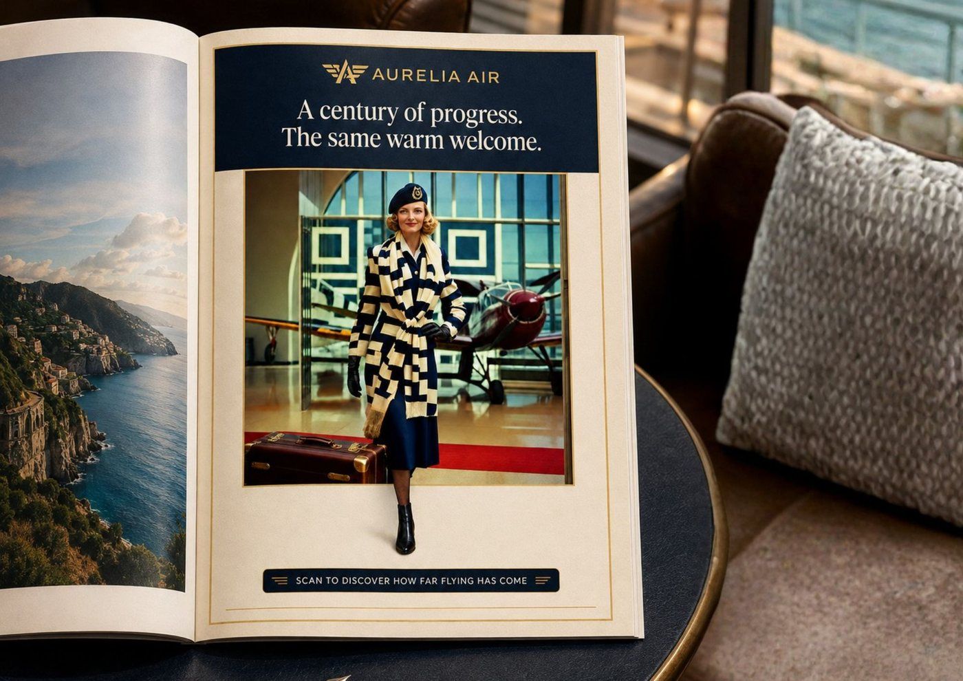 Vintage-style Aurelia Air magazine advertisement featuring a flight attendant, where the artwork itself doubles as a fully scannable StoryCode in a print ad.