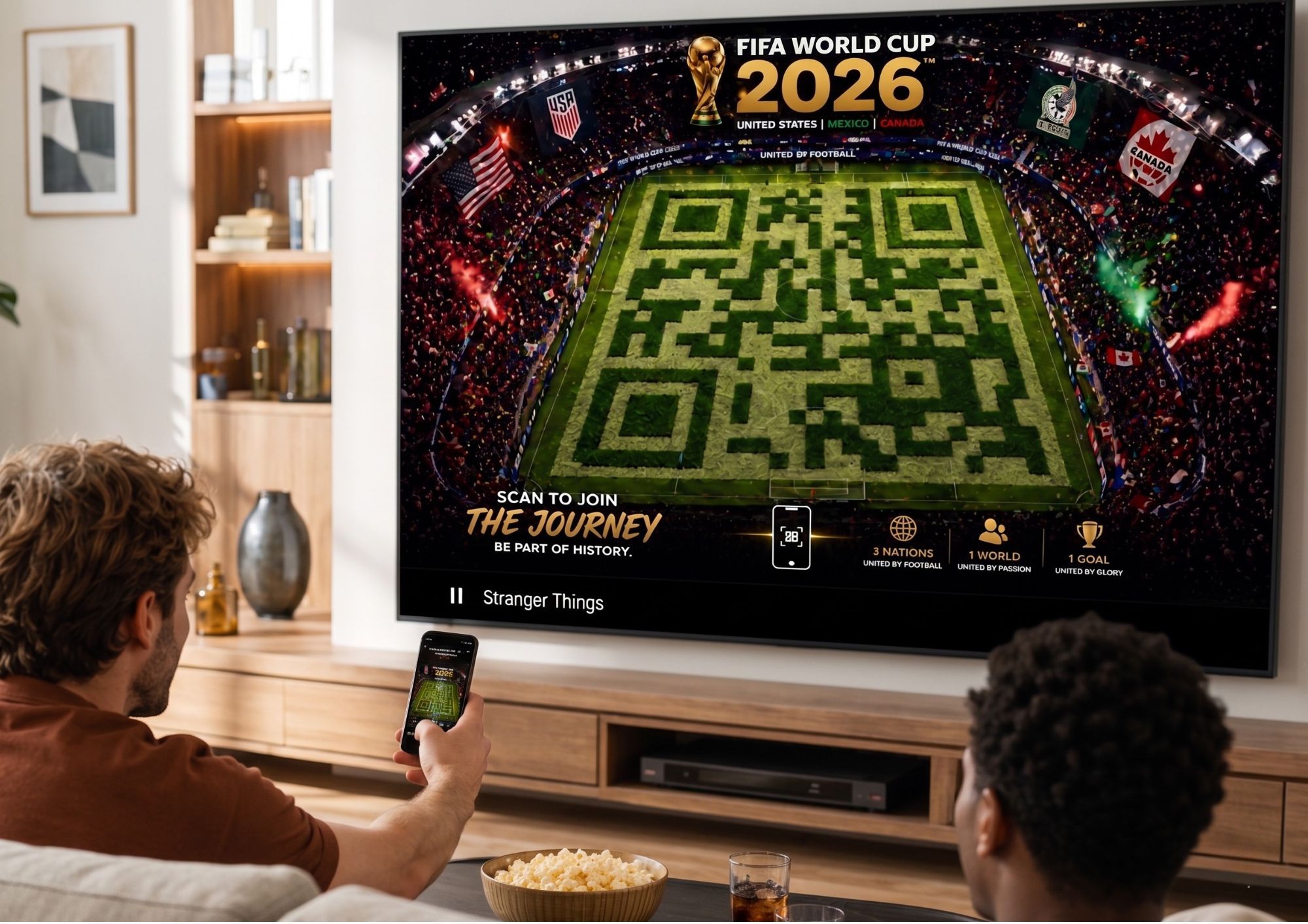 FIFA World Cup 2026 Pause Ad paused on a living-room TV over a stadium pitch mown into a scannable StoryCode, captioned “Scan to join the journey. Be part of history.” One viewer scans it with a phone while another watches.