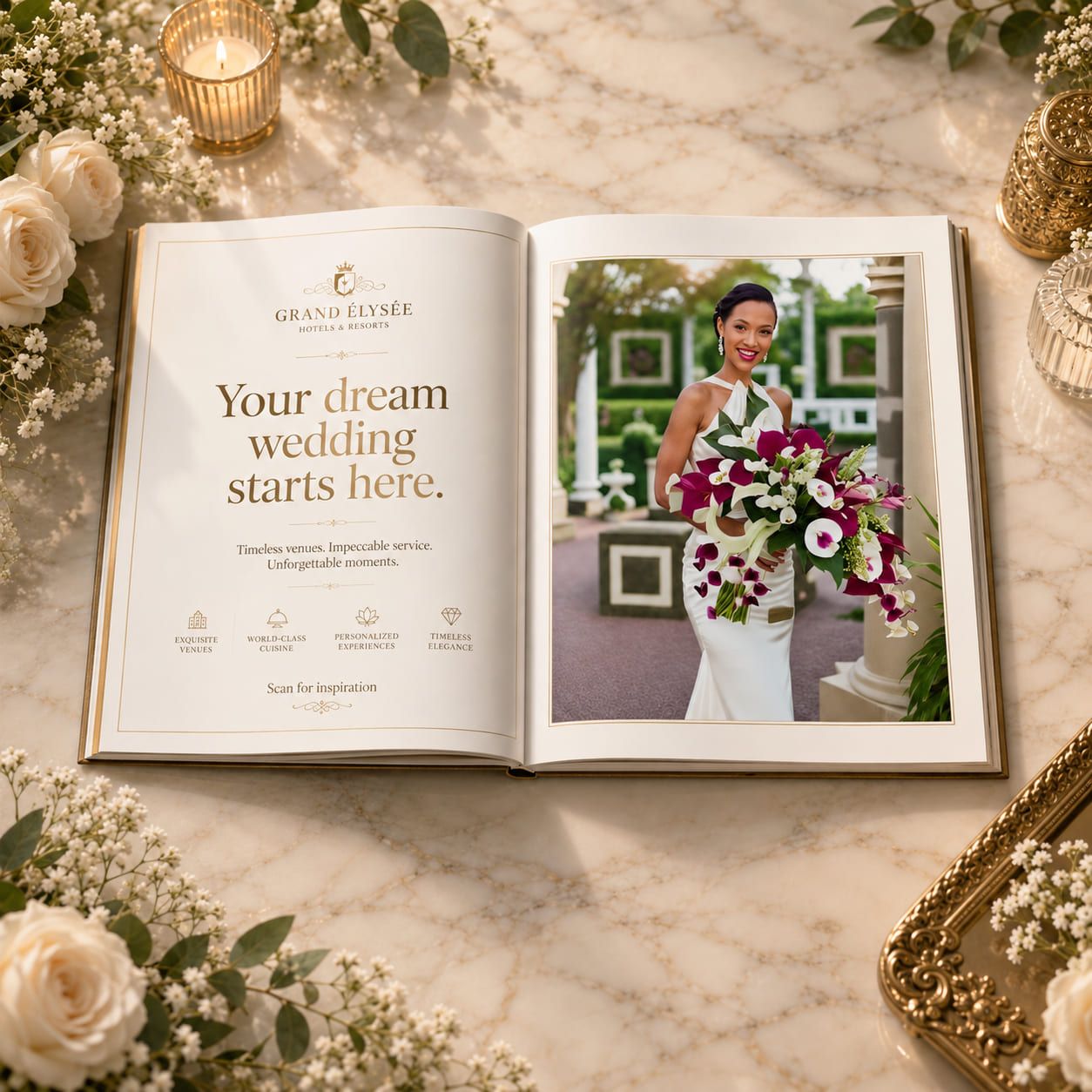 Grand Élysée Hotels & Resorts magazine spread lying open on marble among white roses and a lit candle. The left page reads “Your dream wedding starts here” above the line “Scan for inspiration”, and the facing page is a bridal portrait that is itself a StoryCode, its pattern formed from the bride’s white gown and a bouquet of deep purple and white calla lilies.