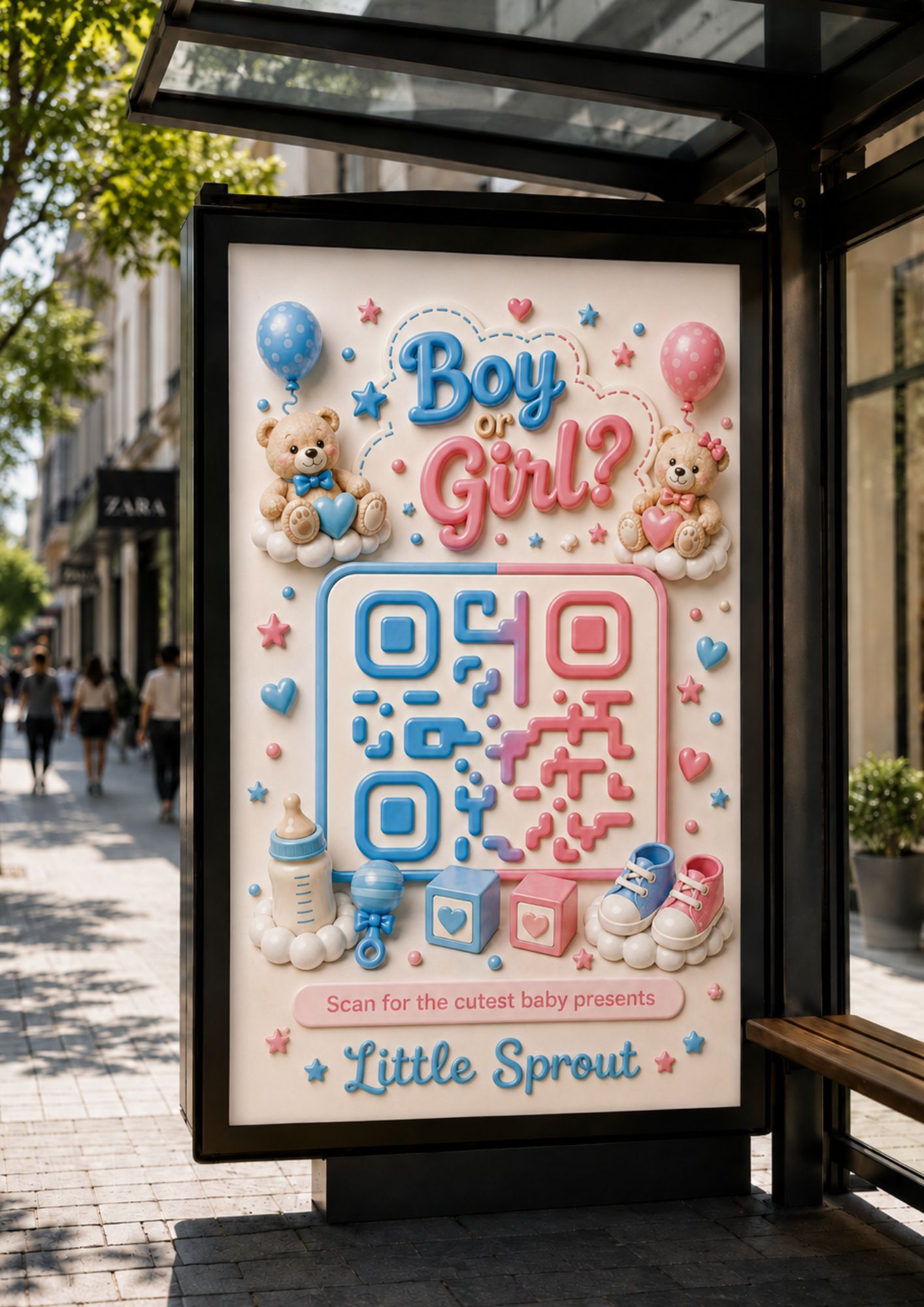 A “Boy or Girl?” gender-reveal bus-shelter ad for Little Sprout baby clothes, where the QR code is rendered in the brand’s blue-and-pink palette with teddy bears and baby icons woven through it.