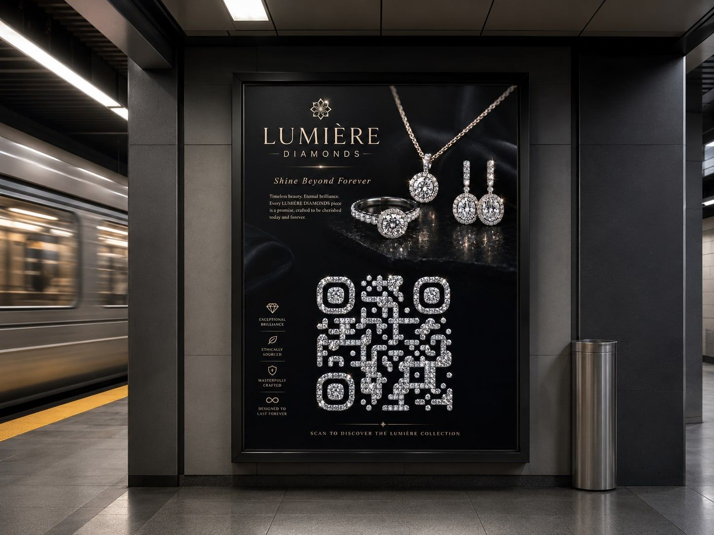 Lit Lumière Diamonds poster on a subway platform as a train blurs past, showing a ring, pendant and earrings above a StoryCode built entirely from diamonds and the line “Scan to discover the Lumière collection”.