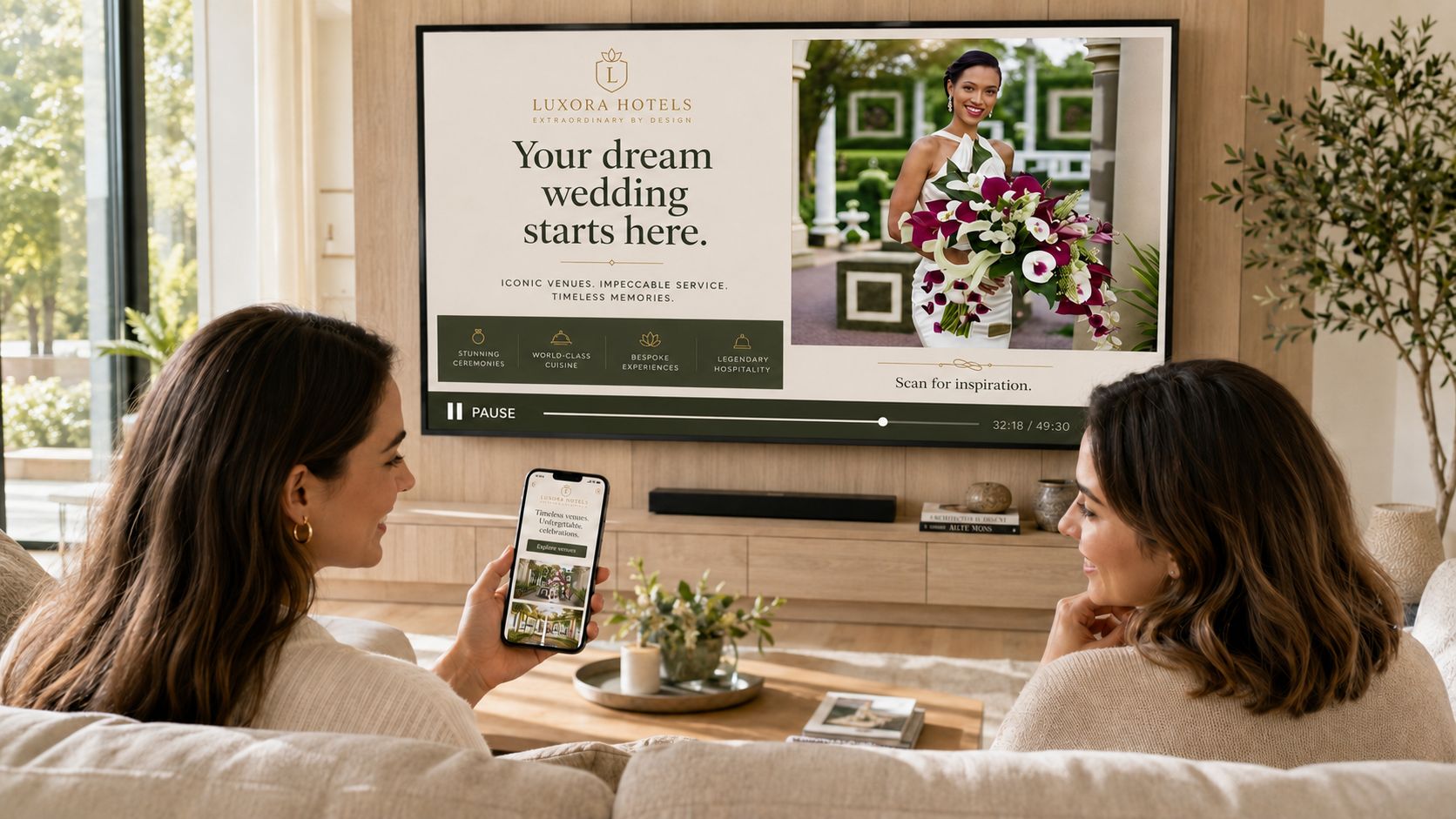 Luxora Hotels wedding-venue Pause Ad paused on a living-room TV, with a branded StoryCode of a bride holding an orchid bouquet under the line “Scan for inspiration.” One viewer holds a phone showing the Luxora Hotels venue gallery that opened after scanning.