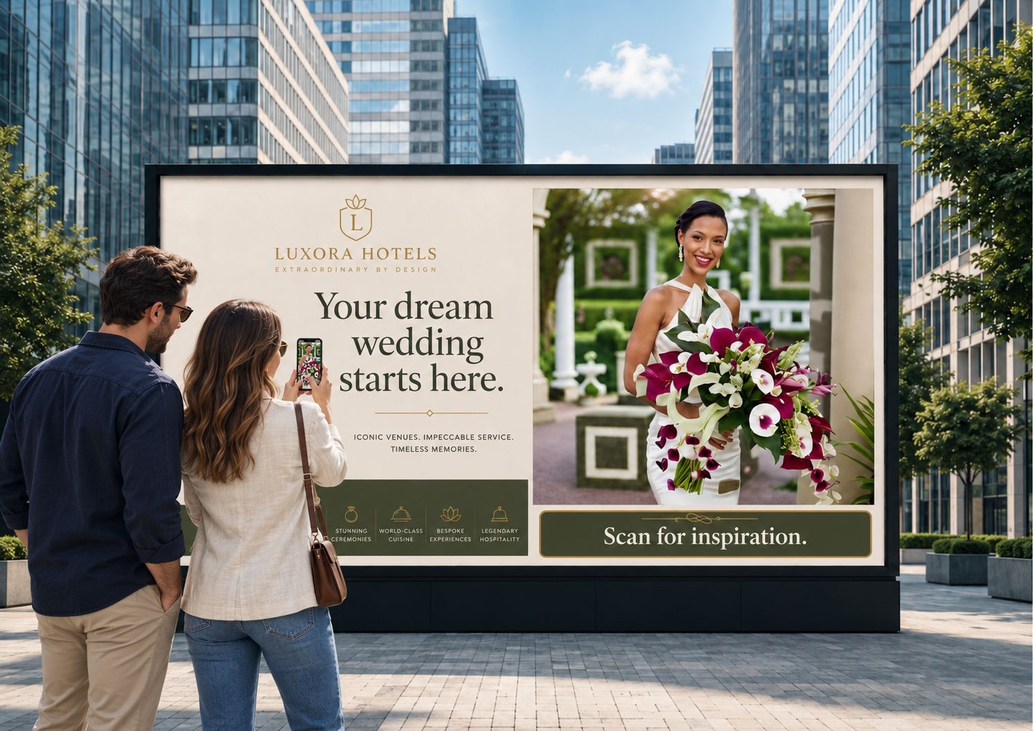 Try it yourself: scan this Luxora Hotels wedding billboard, shown here as a couple in a city plaza scans it with a phone. The bridal bouquet is a StoryCode — the campaign creative itself works like a QR code and connects the physical ad to a digital experience.