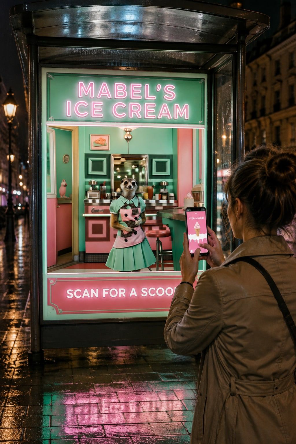 Woman on a rainy city street at night scanning a lit Mabel’s Ice Cream bus-shelter poster that reads “Scan for a scoop”. The ad shows a meerkat waitress in a mint-and-pink diner, and her phone displays the free-scoop voucher that opened after the scan.