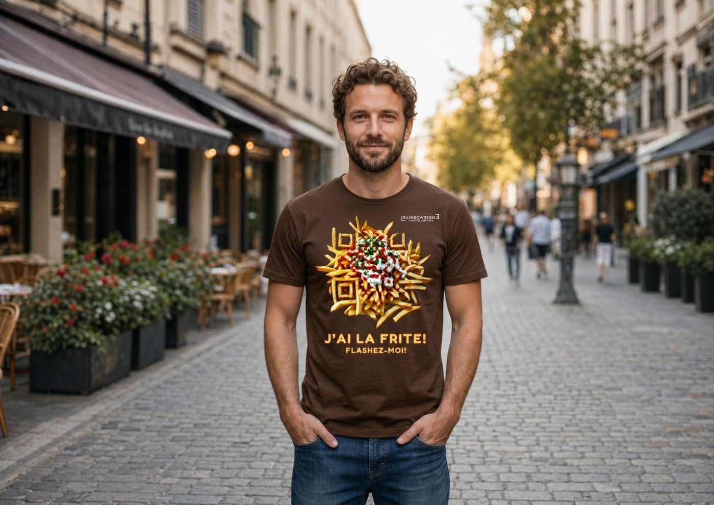 Man on a European shopping street wearing a brown T-shirt printed with a StoryCode made of Belgian fries reading “J’ai la frite! Flashez-moi!” — a scannable code on branded merchandise.