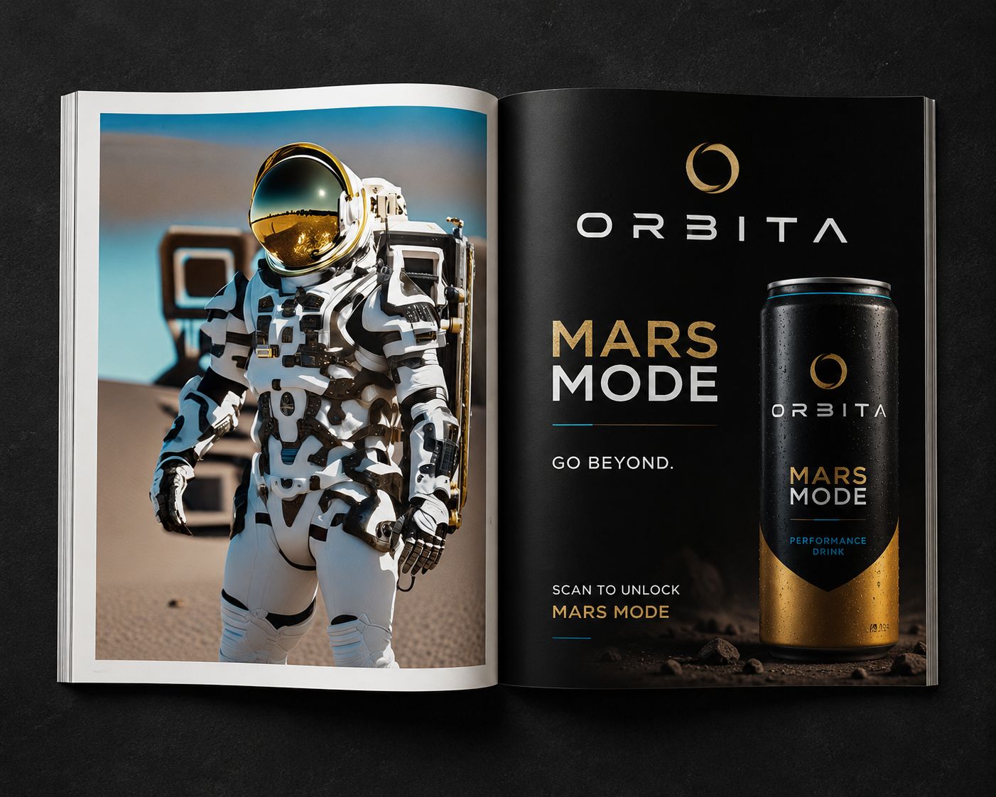 Orbita Mars Mode energy-drink magazine spread: an astronaut on the left page faces a black-and-gold Mars Mode can advertisement on the right, under the line “Scan to unlock Mars Mode.”
