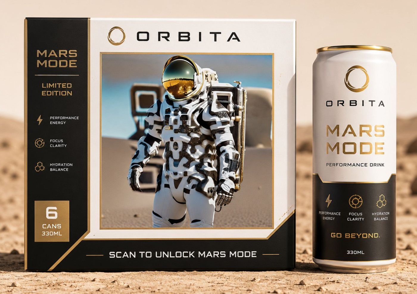 Orbita Mars Mode energy drink can with a branded StoryCode printed straight onto the packaging, turning the product itself into a scannable digital experience.