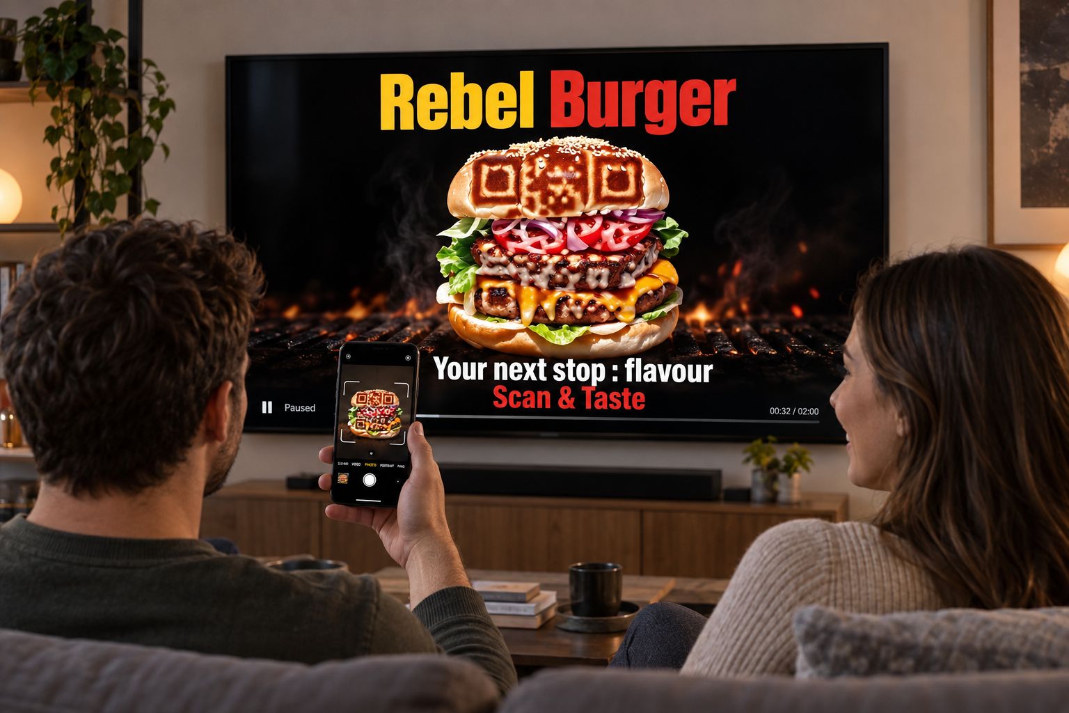 Rebel Burger Pause Ad paused on a living-room TV, where the sesame-seed bun of a stacked burger doubles as a scannable StoryCode, captioned “Your next stop: flavour. Scan & Taste.” A viewer photographs it with a phone camera viewfinder.