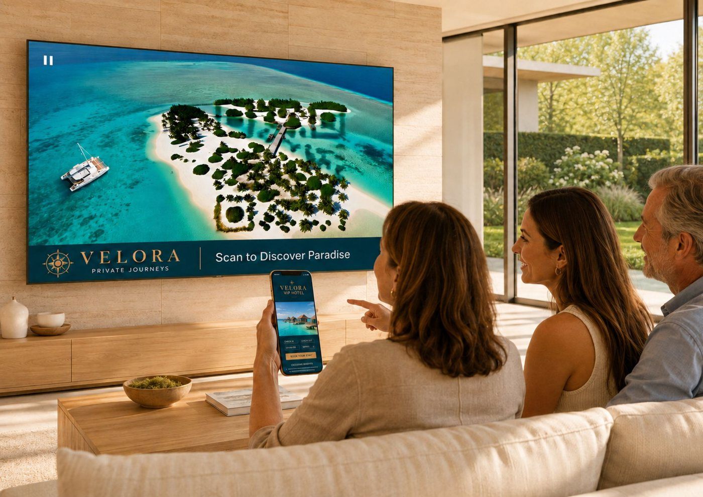 Velora private-island travel ad filling a connected TV pause screen, with a branded StoryCode formed from a tropical island — a scannable CTV Pause Ad viewers can reach from the sofa.