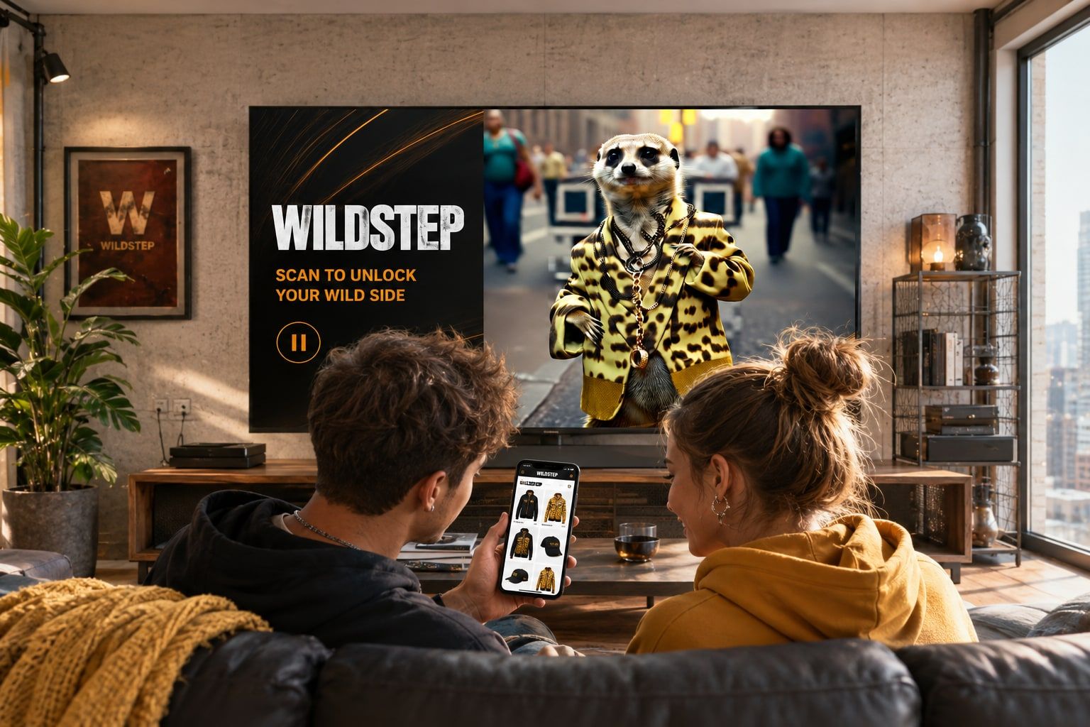 Couple on a sofa watching a paused connected TV showing a Wildstep fashion Pause Ad — a meerkat in a leopard-print jacket on a city street with the line “Scan to unlock your wild side”. One of them holds a phone showing the Wildstep shop that opened after scanning the StoryCode.
