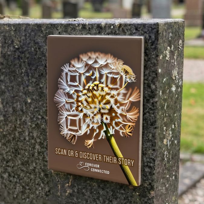 A dandelion-design QR plaque reading “Scan QR & Discover Their Story” mounted on a headstone in a cemetery.
