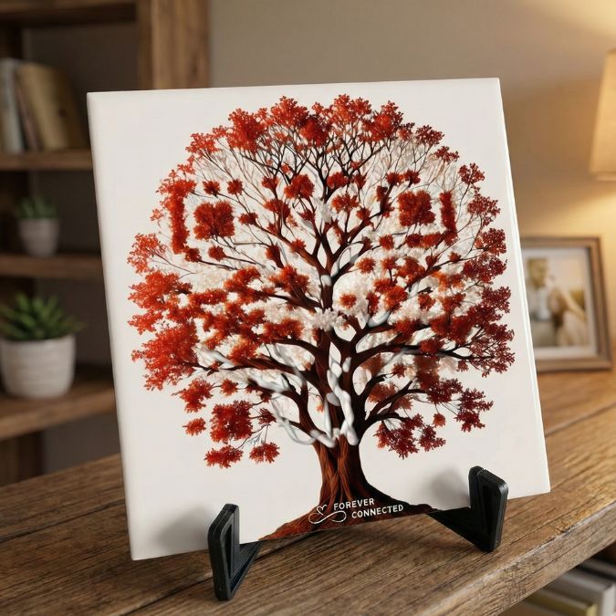 A “Tree of Life” ceramic tile with a scannable design, displayed on a wooden stand next to a framed photograph.