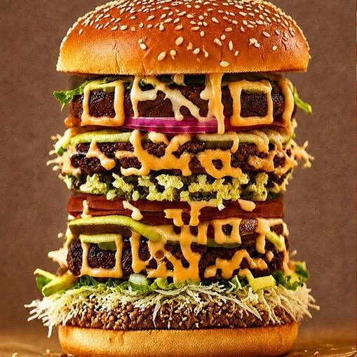 The same Rebel Burger ad with the QR code replaced by a photorealistic stacked burger that is itself a fully scannable StoryCode.